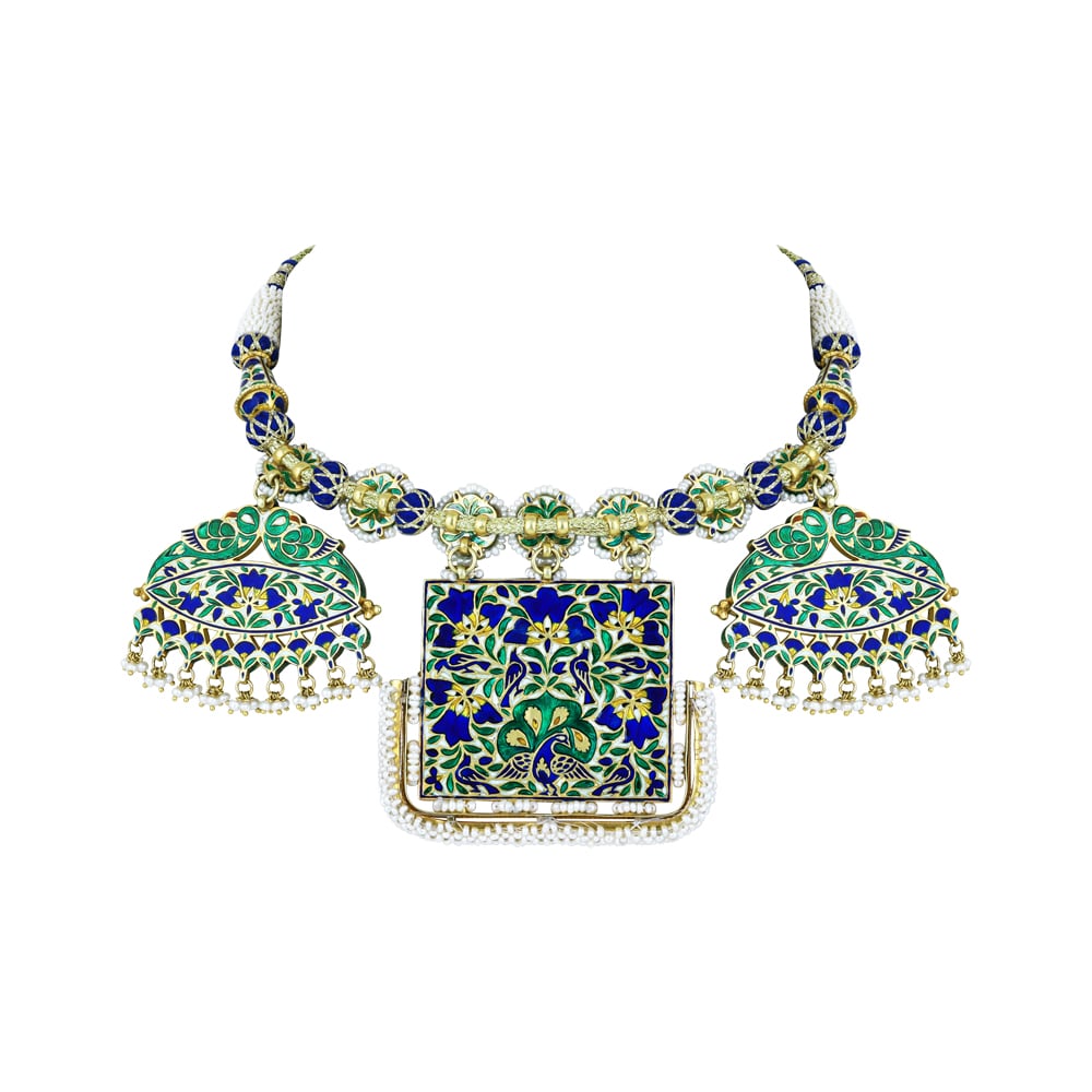 Blue Enamel Pankhi Polki Pendant Necklace